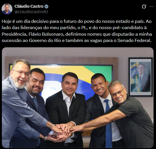 Hoje é um dia decisivo para o futuro do povo do nosso estado e país. Ao lado das lideranças do meu partido, o PL, e do nosso pré-candidato à Presidência, Flávio Bolsonaro, definimos nomes que disputarão a minha sucessão ao Governo do Rio e também as vagas para o Senado Federal.
